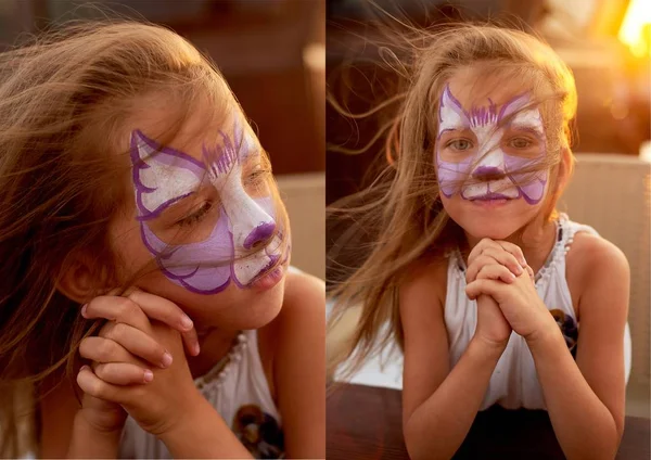 Bastante emocionante chica de ojos azules de 5 años con una pintura de la cara, collage —  Fotos de Stock