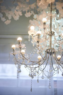 Tavan altında çeşitli kristal avizeler. Lüks ve parlaklık