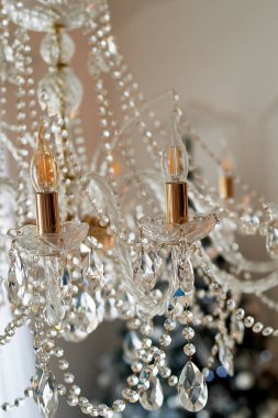 Tavan altında çeşitli kristal avizeler. Lüks ve parlaklık