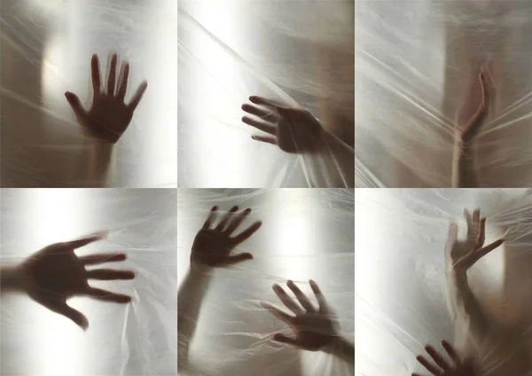 Ręce za pomocą przezroczystej kliszy. Piękne, delikatne ręce kobiece. Symbol illusiveness i nierzeczywistość. Kolaż — Zdjęcie stockowe