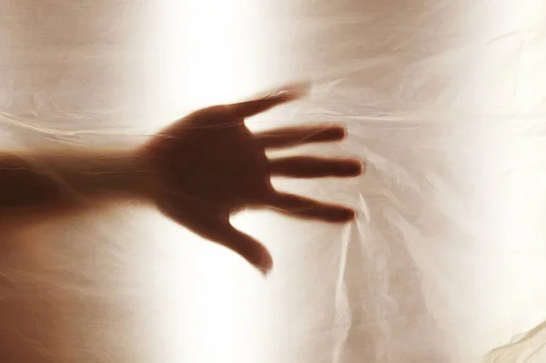 Manos a través de la película clara.Hermosas manos femeninas delicadas. Un símbolo de ilusión e irrealidad. Gama cálida, calor, sol — Foto de Stock