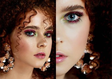 Yemyeşil kıvırcık kırmızı saçlı bir kız. Yüzünün yarısına yakın parlak makyaj ve büyük küpe.