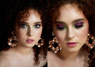 Yemyeşil kıvırcık kırmızı saçlı bir kız. Yüzünün yarısına yakın parlak makyaj ve büyük küpe.