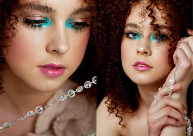 Yemyeşil kıvırcık kırmızı saçlı bir kız. Hassas makyaj sahte kirpik doll tarzı ile. Üzerinde çizilmiş iplik kristal boncuklar. Mücevherat. Kolaj