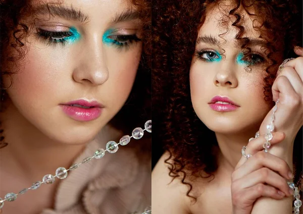 Yemyeşil kıvırcık kırmızı saçlı bir kız. Hassas makyaj sahte kirpik doll tarzı ile. Üzerinde çizilmiş iplik kristal boncuklar. Mücevherat. Kolaj