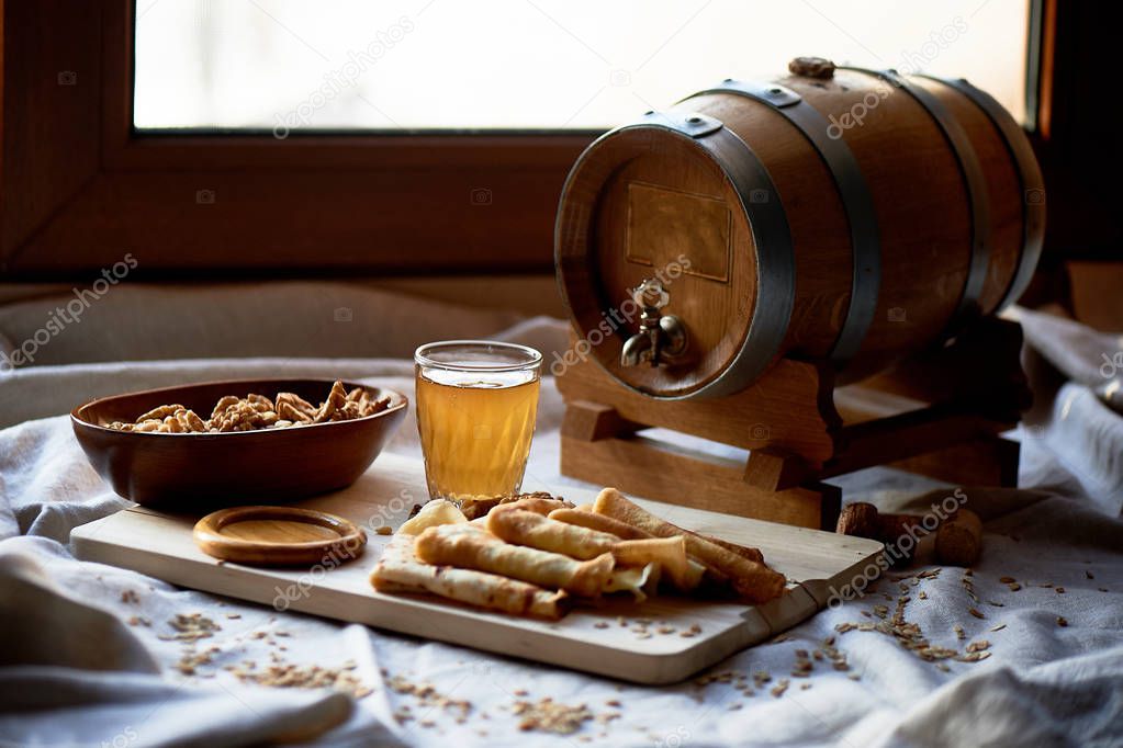 Mead and pancakes. Russian dish for Shrove Tuesday.Farewell to winter