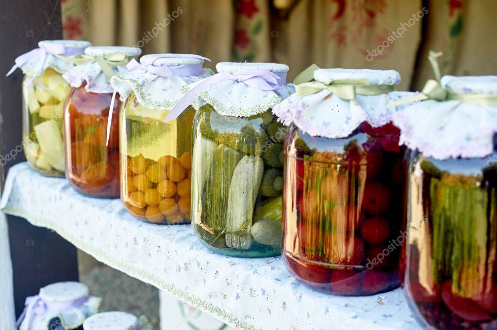 Preservation salting in large jars.Stocks for the winter. Preservation of fruits and vegetables for the winter. Canned food in glass jars.