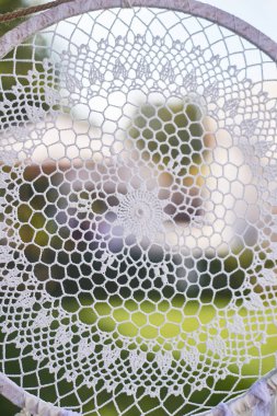 Boho tarzı, düğün dekorasyonu. Kolaylık ve basitlik. Rüya yakalayıcı beyaz renk, örgü. Doku yakın. Ağacın önünde açık havada asılı.