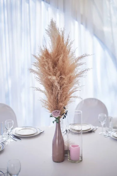 Esküvői dekoráció boho stílusban. Világos színek, a sátorban. Esküvői asztal díszített vázát Pampas fű. Boho stílus — Stock Fotó