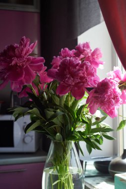 Bir vazoda pembe şakayıklar buldum. Ev içi. Mutfağa. Evde rahatlık ve çiçekler var..