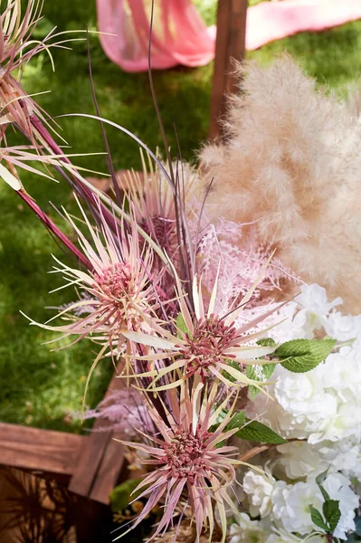 Composition florale sur la conception du mariage. Chardon, hortensia et pampas.Floristics. — Photo
