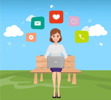 bankta oturan ve bilgisayarı kullanan bir iş kadını. Dizüstü Infographic illüstrasyon vektör.