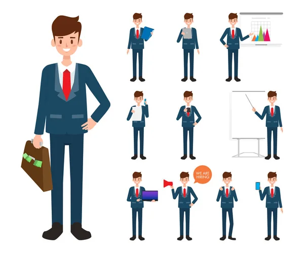 Hombre Negocios Personaje Trabajo Con Gadget — Vector de stock