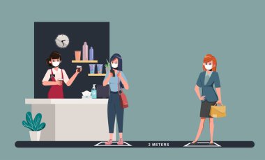 İnsanlar aralarındaki mesafeyi koruyorlar. Covid-19 Coronavirus 'u durdurun. Alışverişe götür..