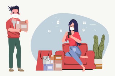 Kadın çizgi film karakteri evde kalır ve internetten ücretsiz teslimat yapar. Covid-19 salgınında cep telefonundan sipariş vermek. Sosyal uzaklık kavramı yeni normal yaşam tarzı.