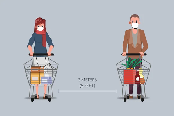 Clienti Mantengono Distanze Sociali Nei Supermercati Grande Magazzino Nel Nuovo — Vettoriale Stock