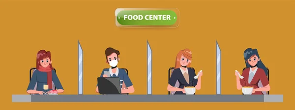 Gente Mantiene Distanciamiento Social Centro Alimentación Cantina Social Distanciamiento Nuevo — Vector de stock