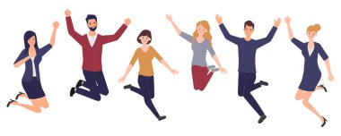 İyi zıplayan ofis çalışanları düz vektör çizimleri. Neşeli şirket çalışanları çizgi film karakterleri.