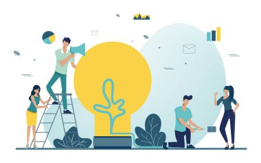 Beyin fırtınası yapan takım çalışması karakteri. İş adamları takım çalışması karakteri. Hareket için animasyon. Meslektaşlar seminer toplantısı.