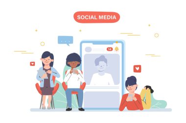 Sosyal medya ağı iletişimi için cep telefonu kullanan insanlar. Çevrimiçi toplum insanları.