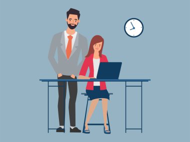 İş adamı ve iş kadını çalışan karaktere katılırlar. Takım çalışması süreci kavramı.