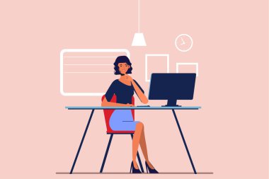 Masada dizüstü bilgisayarla çalışan bir iş kadını. İş adamı karakteri.