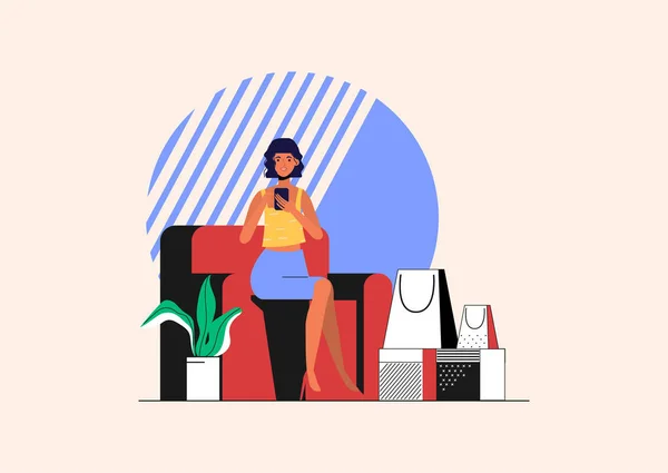 Jeune Femme Fait Shopping Ligne Boîte Livraison Pour Client Page — Image vectorielle