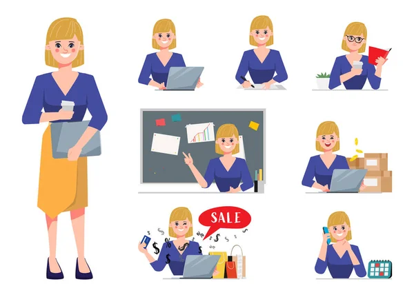 Personaje Mujer Negocios Trabajo Oficina Gente Rutina — Vector de stock