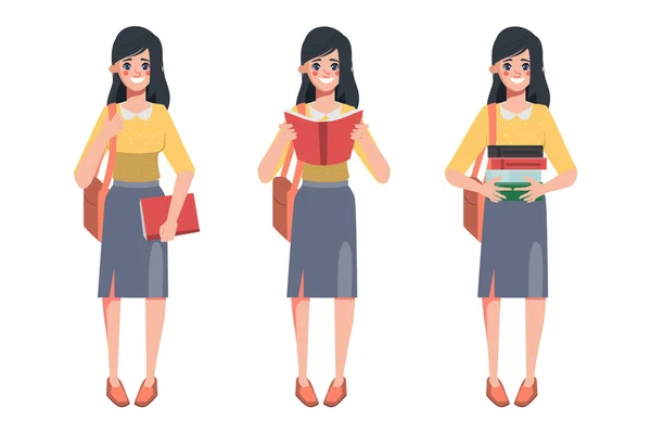 Personaje Mujer Lectura Con Libros — Vector de stock