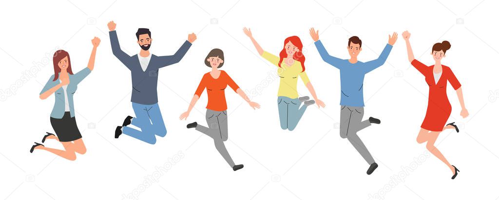 Happy jumping office workers flat vector illustration. Cheerful corporate employees cartoon characters set.