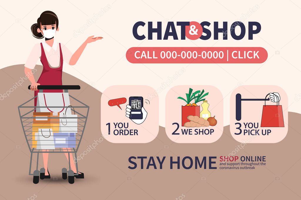 Online shopping on smartphone and pick up. Service customer stay home from department store and supermarket.
