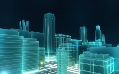 3D Şehir işleme hatları ve dijital öğeleri soyut. Teknoloji blockchain iş bağlantısı konsept illüstrasyon.
