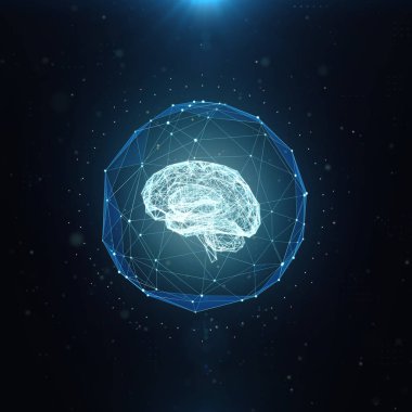 Öğrenme, yapay zeka, AI, derin blockchain neural ağ kavram öğrenme makine. Tel kafes net grafik arka plan parlayan ile 3d yapılan beyin render.