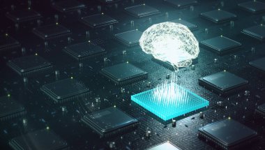 Öğrenme, yapay zeka, AI, derin blockchain neural ağ kavram öğrenme makine. Tel kafes birden çok blockchain yukarıda shining ile yapılan beyin devre kartı 3d render CPU'da.
