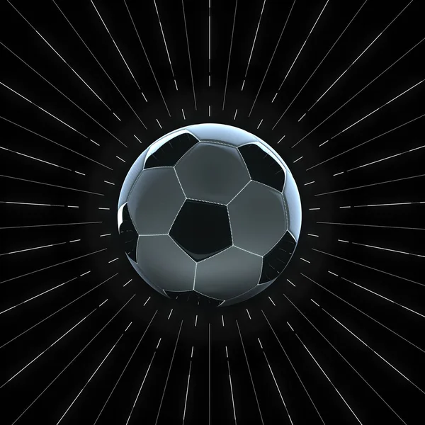 Ilustração 3d de bola de futebol com borda leve e costuras brilhantes. com padrões radiais de raios brancos finos ao redor. no fundo preto — Fotografia de Stock