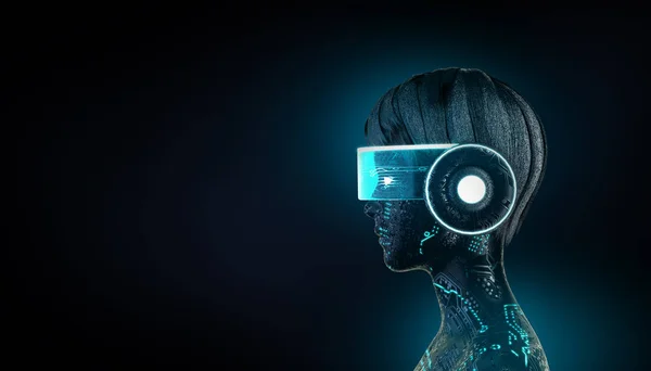 Illustration 3D fille cyborg dans un casque vr lumineux. Intelligence artificielle machine learning, concept d'informatique quantique — Photo