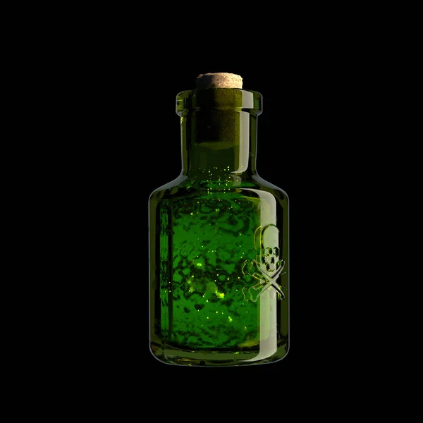 A glass vial with a skull and bones and a green substance inside. Poison, venom. poisoning, political murder danger, toxicity. 3d rendered illustration — Stock Photo, Image