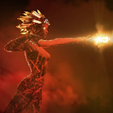 3D çizim lav ile taş kızın vücut crystal crown üzerinde çatlaklar ve vücut ayakta eylem üzerinde küçük kristalleri büyüleyici 