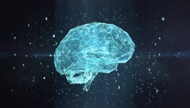 Öğrenme, sis hesaplamalar, yapay zeka, AI, blockchain neural ağ kavram öğrenme derin makine. Tel kafes net grafik arka plan parlayan ile 3d yapılan beyin render.