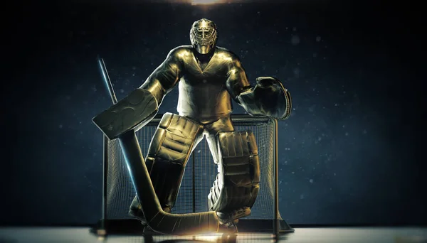 shining bronze metal statue of ice hockey goalie in front gates with dramatic light and dust particles in the air. hockey legend, competition, winner concept background 3d render.