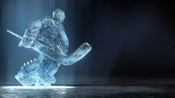 Ημιδιαφανές ΕΙΣΑΙ γλυπτό του τερματοφύλακα χόκεϊ επί πάγου σε dinamic θέτουν με δραματική φως και αέρα σε σωματίδια σκόνης. χόκεϊ μύθο, διαγωνισμός, νικητής έννοια φόντο 3d καθιστούν. — Φωτογραφία Αρχείου