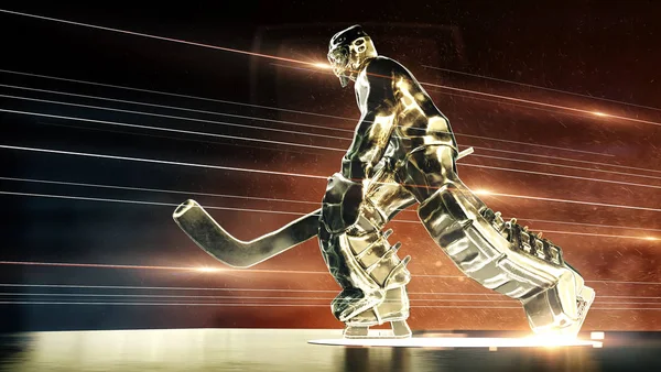 Sculpture en bronze de gardien de but de hockey sur glace en action pose avec des particules de poussière de lumière dramatiques dans l'air et les rayons de feu. légende du hockey, compétition, gagnant concept arrière-plan 3d rendu . — Photo