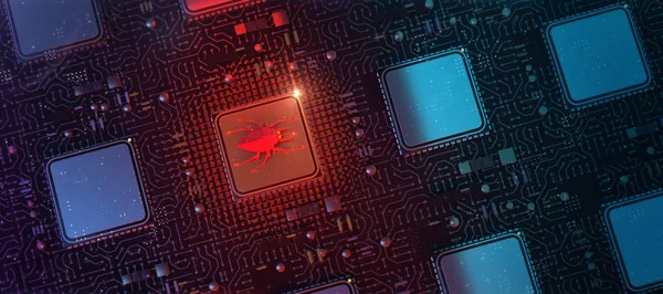 Czerwone, świecące compiter błąd na zainfekowany chip w cyberprzestrzeni 3d redner. spyware, malware, wirus trojan, keylogger, haker ilustracja ataku — Zdjęcie stockowe