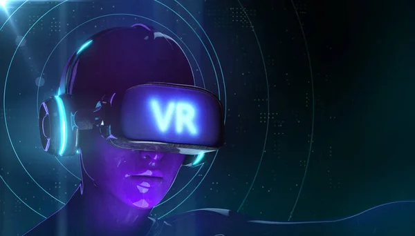 Realidade aumentada, ciência, vr realidade mista, virtualidade - robô cyborg feminino em engrenagem VR futurista com projeção de gráficos viruais sobre fundo preto 3d render — Fotografia de Stock