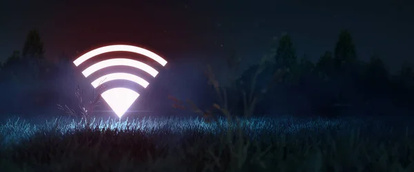 Izzó neon Wi-Fi szimbólum az éjszakai területen. ingyenes Wi-Fi, 5G hálózat, lefedettségi terület, navigációs koncepció, másolási tér 3D redner — Stock Fotó