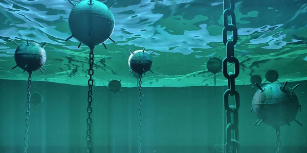 naval underwater mines bombs floating underwater in the ocean. hidden danger high risk concept 3d rendered illustration.
