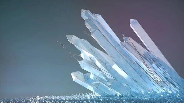 Doorschijnende subtiele gekleurde kristallen met dunne gouden gras 3D renderen achtergrond ijs winter luxueuze VIP sci-fi concept. — Stockfoto