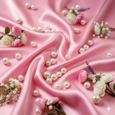 Pembe arka planda inci ve güllerle düğün buketi.