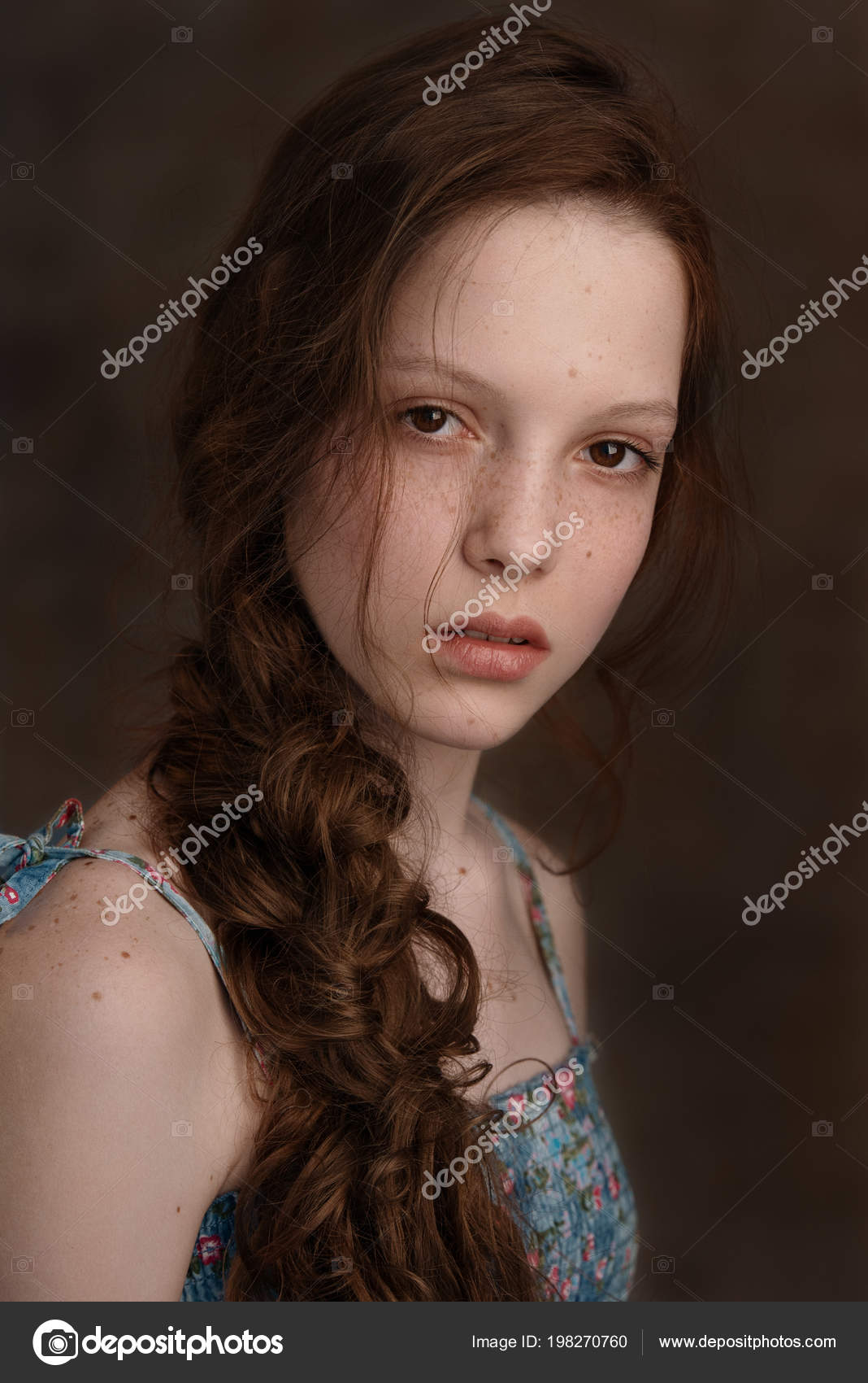 Dramatic Portrait Young Cute Redhead Teenage Girl Curly