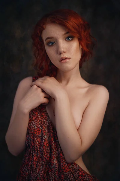 Δραματική Ρετρό Πορτρέτο Μιας Γυναίκας Νεαρή Όμορφη Κοκκινομάλλα Ονειρική Μαλακό — Φωτογραφία Αρχείου